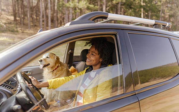 woman and dog in car